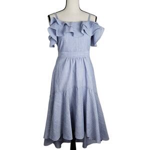 Rare Editions Girls Dress 16 Blue White Stripe Ruffle Cold Shoulder Cottage Midi